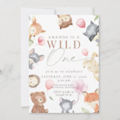 ウッドランドファースト誕生日、森の動物、ワイルドワン 招待状 (正面)