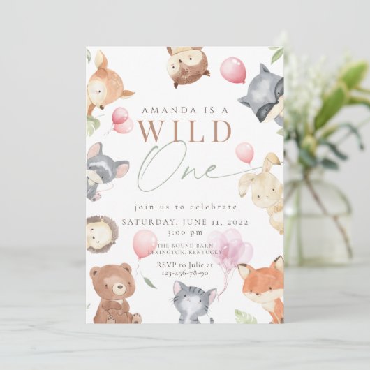 ウッドランドファースト誕生日、森の動物、ワイルドワン 招待状 (スタンド正面)
