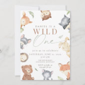 ウッドランドファースト誕生日、森の動物、ワイルドワン 招待状 (正面)