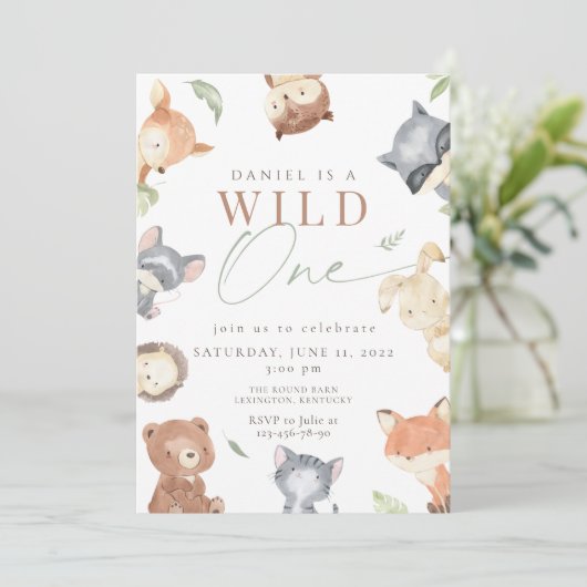 ウッドランドファースト誕生日、森の動物、ワイルドワン 招待状 (スタンド正面)