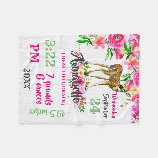 ウッドランドフェイウディアウォーター色ベビー誕生統計 フリースブランケット (正面(横))