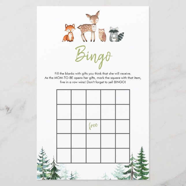 ウッドランドフォレストああ男の子の赤ちゃんシャワービンゴゲーム (正面)