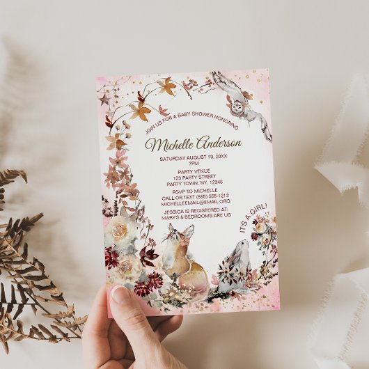 ウッドランドフォレストの水の色フローラガールベビーシャワー 招待状