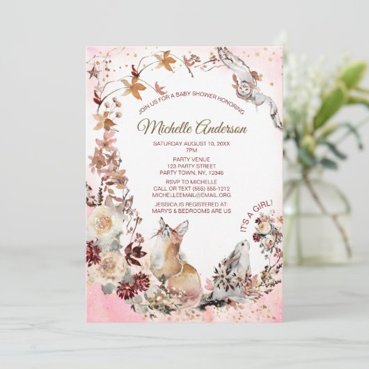 ウッドランドフォレストの水の色フローラガールベビーシャワー 招待状 (スタンド正面)