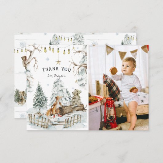 ウッドランドフォレストアニマルズウィンター誕生日ありがとう サンキューカード (正面/裏面)