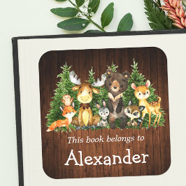 ウッドランドフォレストアニマルズウッドプリント蔵書票ラベル スクエアシール