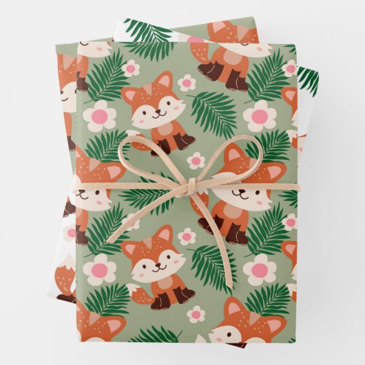 ウッドランドフォレストアニマルズキツネフローラ子供の誕生日 ラッピングペーパーシート (インサイチュ)