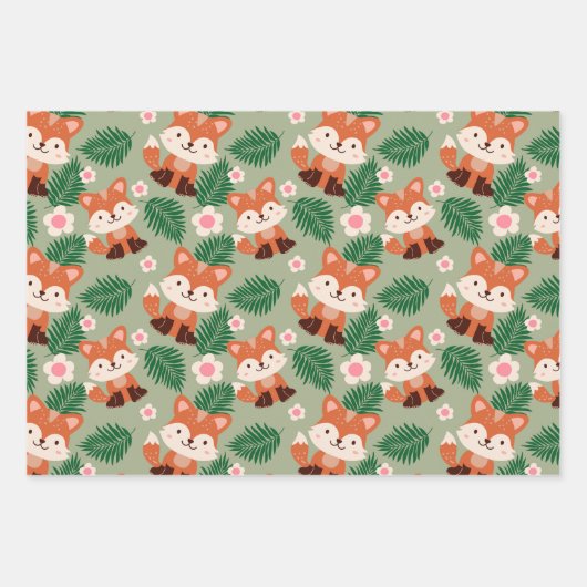 ウッドランドフォレストアニマルズキツネフローラ子供の誕生日 ラッピングペーパーシート (正面)