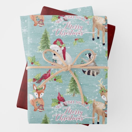 ウッドランドフォレストアニマルズクリスマス鹿キツネ雪 ラッピングペーパーシート (インサイチュ)