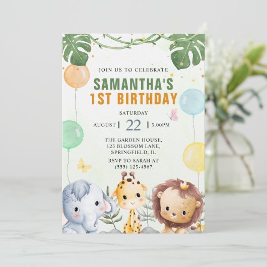 ウッドランドフォレストアニマルズパーティー子供の誕生日 招待状 (スタンド正面)