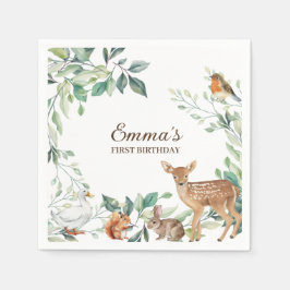 ウッドランドフォレストアニマルズファースト誕生日招待状 スタンダードカクテルナプキン