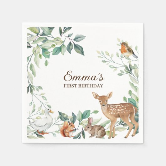 ウッドランドフォレストアニマルズファースト誕生日招待状 スタンダードカクテルナプキン (正面)
