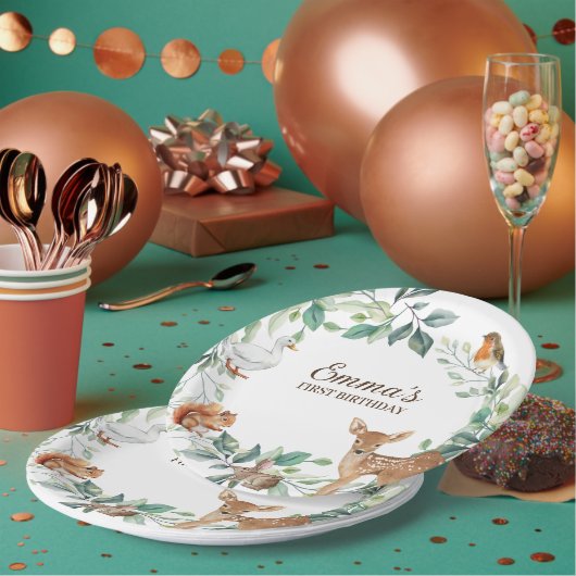 ウッドランドフォレストアニマルズファースト誕生日招待状 ペーパープレート (複数)