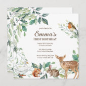 ウッドランドフォレストアニマルズファースト誕生日招待状 招待状 (正面/裏面)