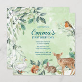 ウッドランドフォレストアニマルズファースト誕生日招待状 招待状 (正面/裏面)