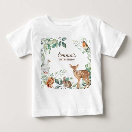 ウッドランドフォレストアニマルズファースト誕生日 ベビーTシャツ (正面)