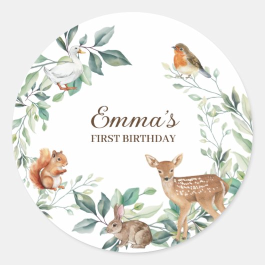 ウッドランドフォレストアニマルズファースト誕生日 ラウンドシール (正面)