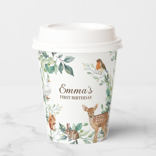ウッドランドフォレストアニマルズファースト誕生日 紙コップ (正面)