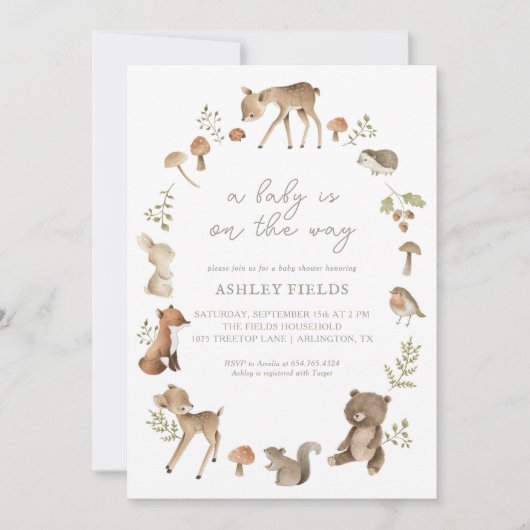 ウッドランドフォレストアニマルズベビーシャワー招待状 招待状 (正面)