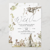 ウッドランドフォレストアニマルズワイルドワンファースト誕生日 招待状 (正面/裏面)
