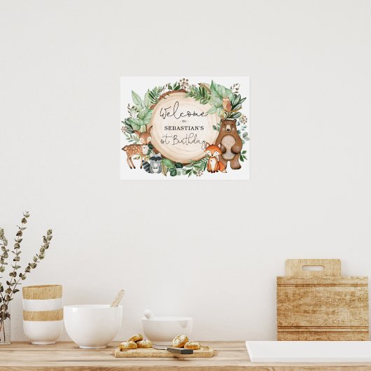 ウッドランドフォレストアニマルズワイルドワン誕生日へようこそ ポスター (キッチン)