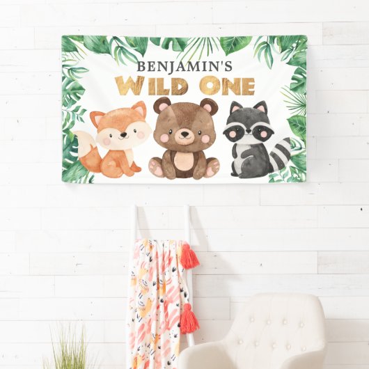 ウッドランドフォレストアニマルズワイルドワン誕生日バナー 横断幕 (インサイチュ)