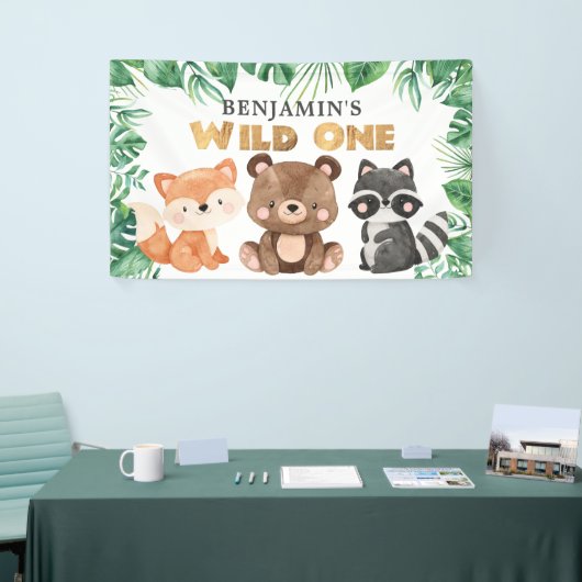 ウッドランドフォレストアニマルズワイルドワン誕生日バナー 横断幕 (トレードショー)