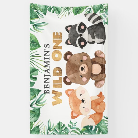 ウッドランドフォレストアニマルズワイルドワン誕生日バナー 横断幕 (縦)