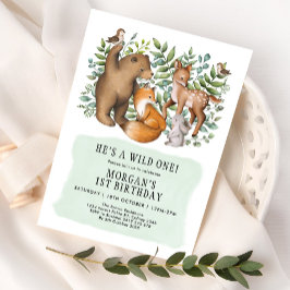 ウッドランドフォレストアニマルズワイルドワン誕生日少年 招待状