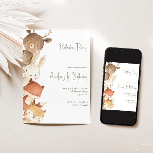 ウッドランドフォレストアニマルズ誕生日招待状 招待状
