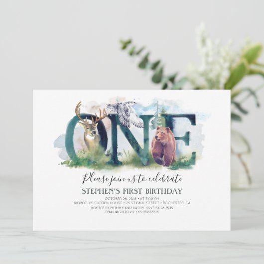 ウッドランドフォレストアニマルズ1st誕生日招待状 招待状 (スタンド正面)