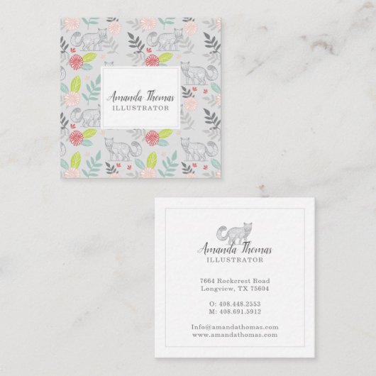 ウッドランドフォレストキツネとフローラの葉の緑 スクエア名刺 (正面/裏面)