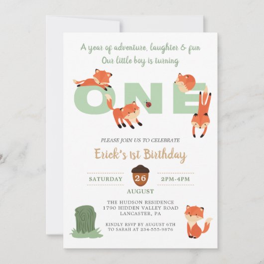 ウッドランドフォレストキツネファースト誕生日招待状 招待状 (正面)