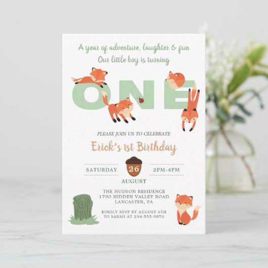 ウッドランドフォレストキツネファースト誕生日招待状 招待状 (スタンド正面)