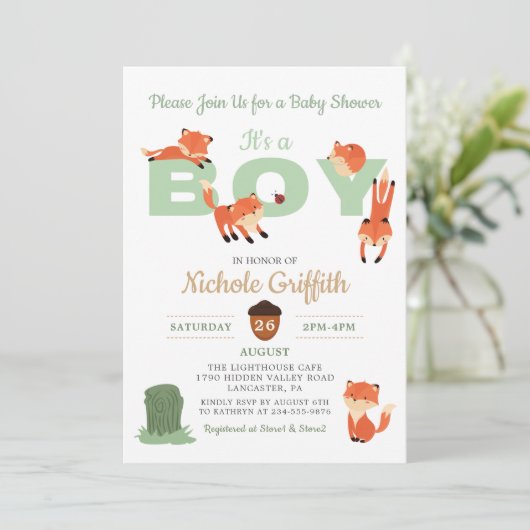 ウッドランドフォレストキツネボーイベビーシャワー招待状 招待状 (スタンド正面)