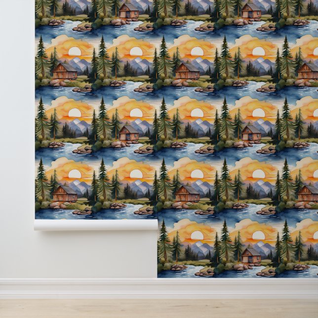 ウッドランドフォレストキャビンクリークサンセットマウンテンズ 壁紙 (アプリケーション)