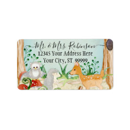 ウッドランドフォレストシカキツネフクロウ動物の葉の青 ラベル