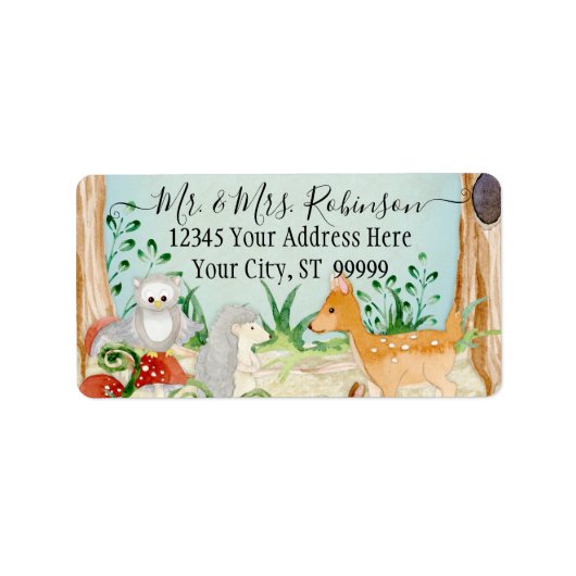 ウッドランドフォレストシカキツネフクロウ動物の葉の青 ラベル (正面)