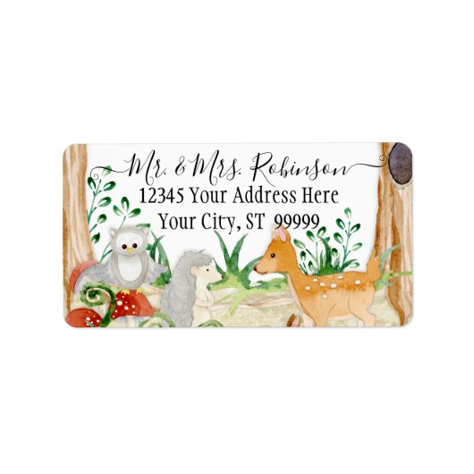 ウッドランドフォレストシカキツネフクロウ動物の葉白 ラベル (正面)