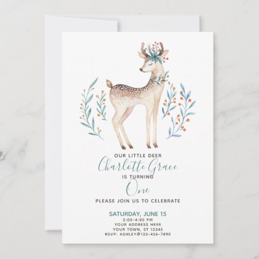 ウッドランドフォレストシカベビーの最初の誕生日 招待状 (正面)