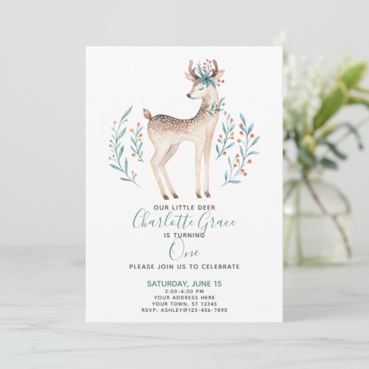 ウッドランドフォレストシカベビーの最初の誕生日 招待状 (スタンド正面)