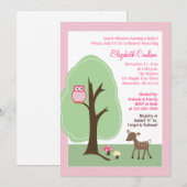 ウッドランドフォレストシカ（ピンク）ベビーシャワー招待状 招待状 (正面/裏面)