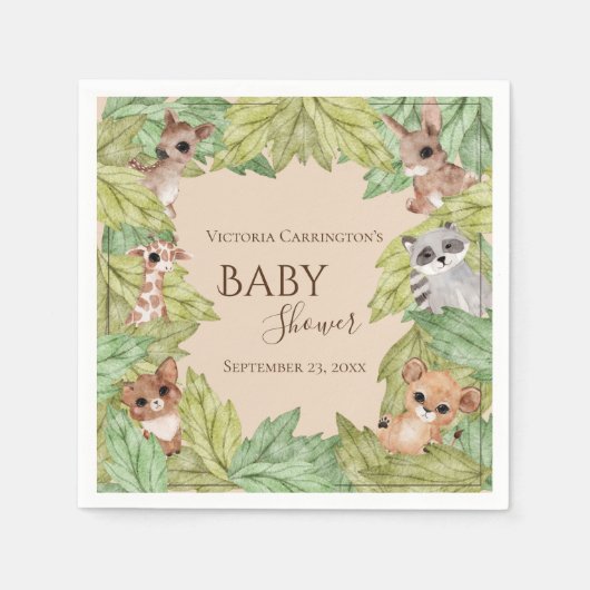 ウッドランドフォレストジャングルアニマルズグリーンリーベビー スタンダードカクテルナプキン (正面)