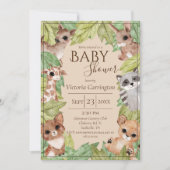 ウッドランドフォレストジャングルアニマルズグリーンリーベビー 招待状 (正面)