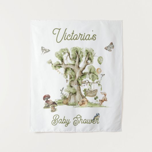 ウッドランドフォレストツリークレードル動物の赤ちゃんシャワー タペストリー (正面)