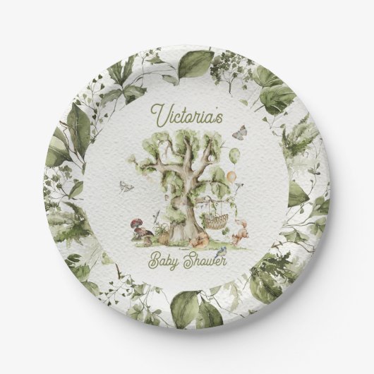 ウッドランドフォレストツリークレードル動物の赤ちゃんシャワー ペーパープレート (正面)