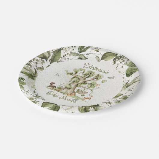 ウッドランドフォレストツリークレードル動物の赤ちゃんシャワー ペーパープレート (アングル)