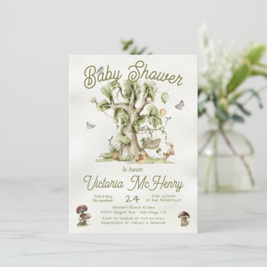 ウッドランドフォレストツリークレードル動物の赤ちゃんシャワー 招待状 (スタンド正面)