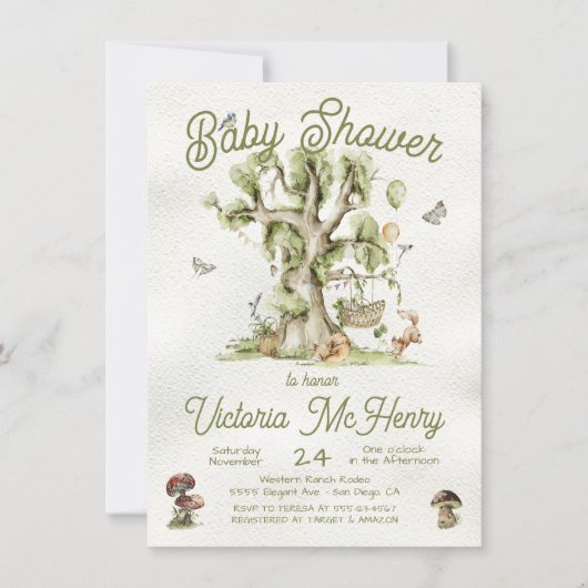 ウッドランドフォレストツリークレードル動物の赤ちゃんシャワー 招待状 (正面)