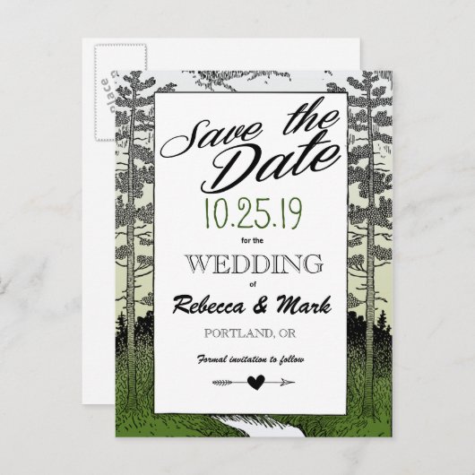 ウッドランドフォレストツリーズマウンテン日付を保存 案内ポストカード (正面/裏面)